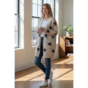 NEW Gilli Womens Beige Open Front Star Print Longline Cardigan Pockets Size M